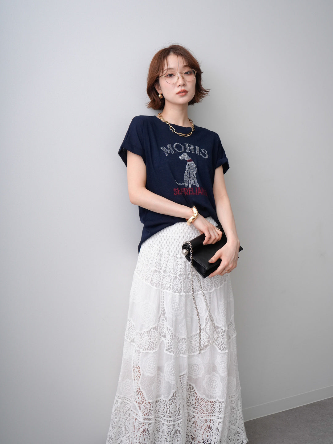 [SET]ドッグエンブロイダリーTEE+クロシェマキシスカート(2set)