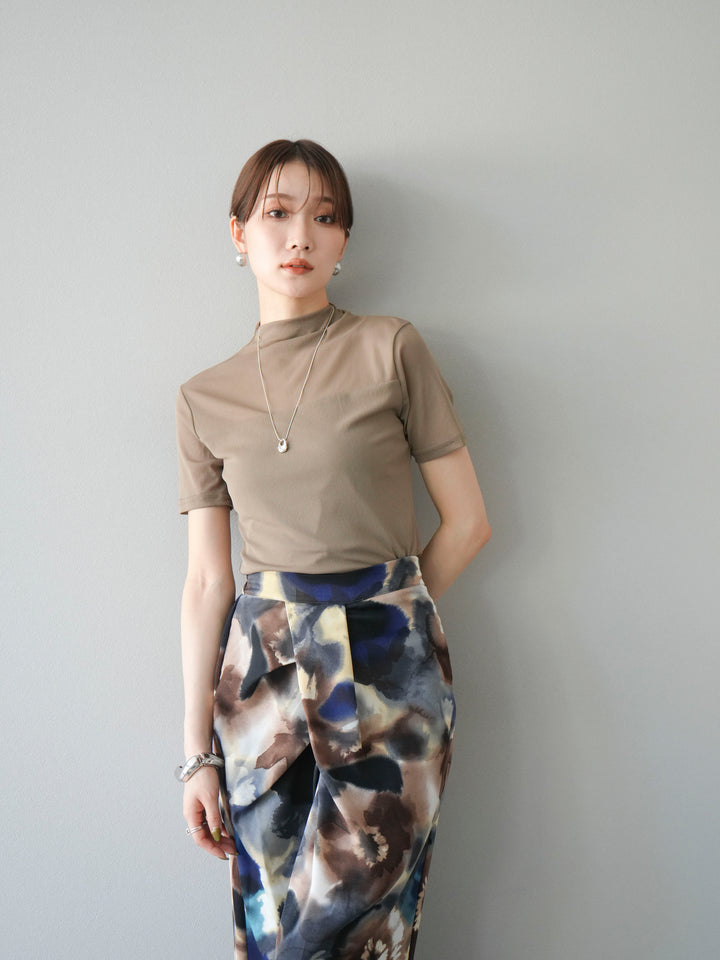[SET] 透視半袖上衣 + 水彩印花褶襉I字裙 (2set)