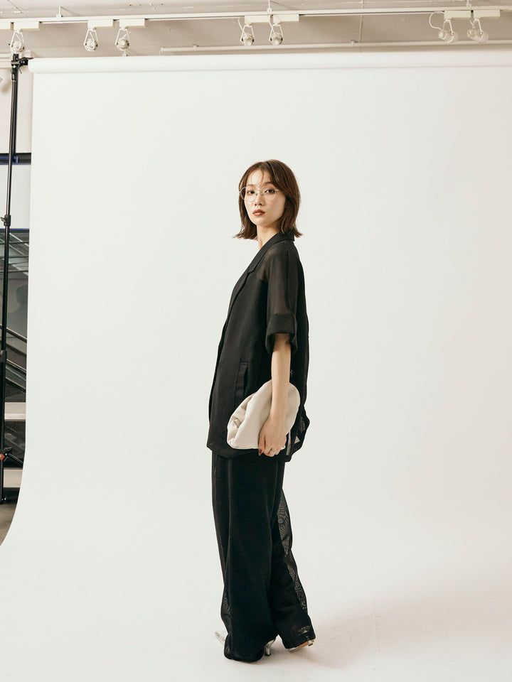 [予約]メッシュタックワイドパンツ/ブラック