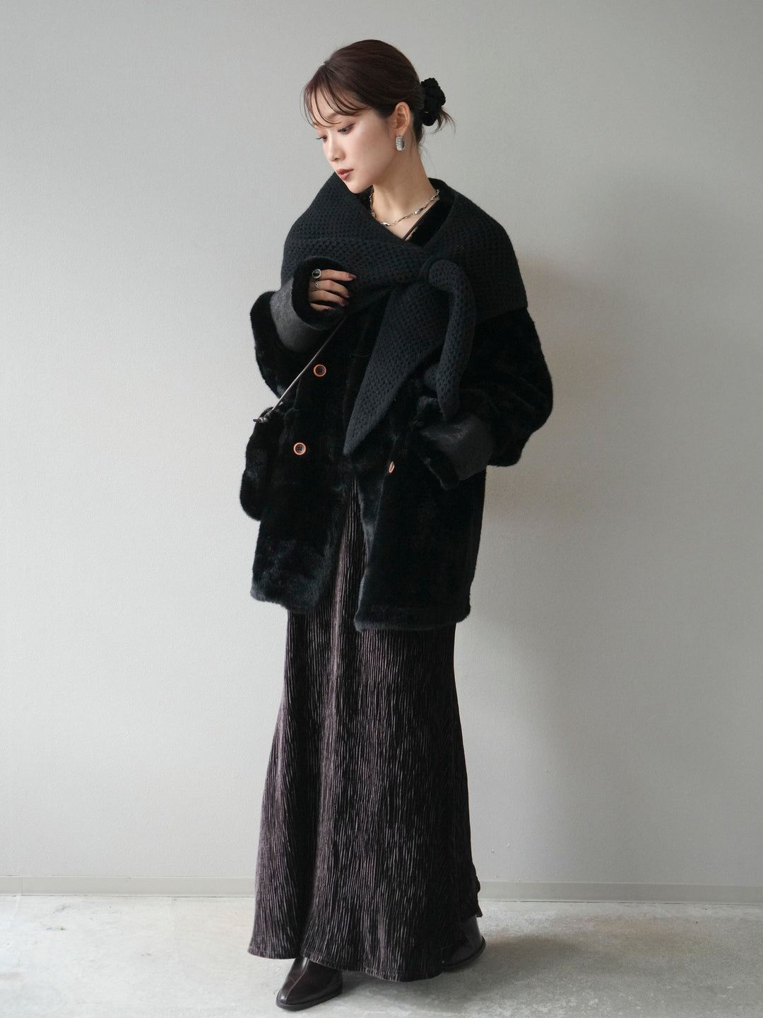 [予約]バッグ付エコファーノーカラーコート/black