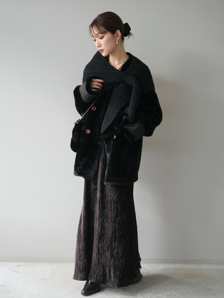 [予約]バッグ付エコファーノーカラーコート/black