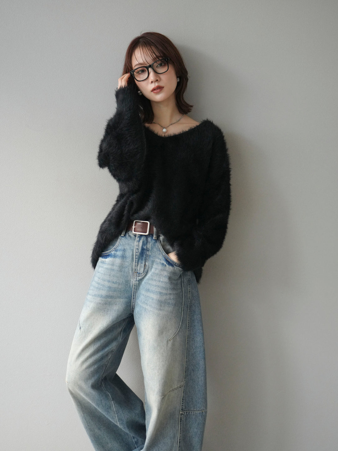 [予約]バックリボンVネックシャギーニットプルオーバー/black