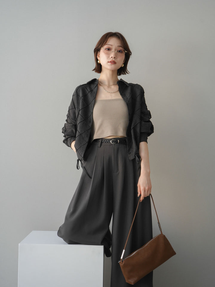 [SET]パイピングクロスデザインブラウス+編み込みベルト付タックワイドパンツ(2set)