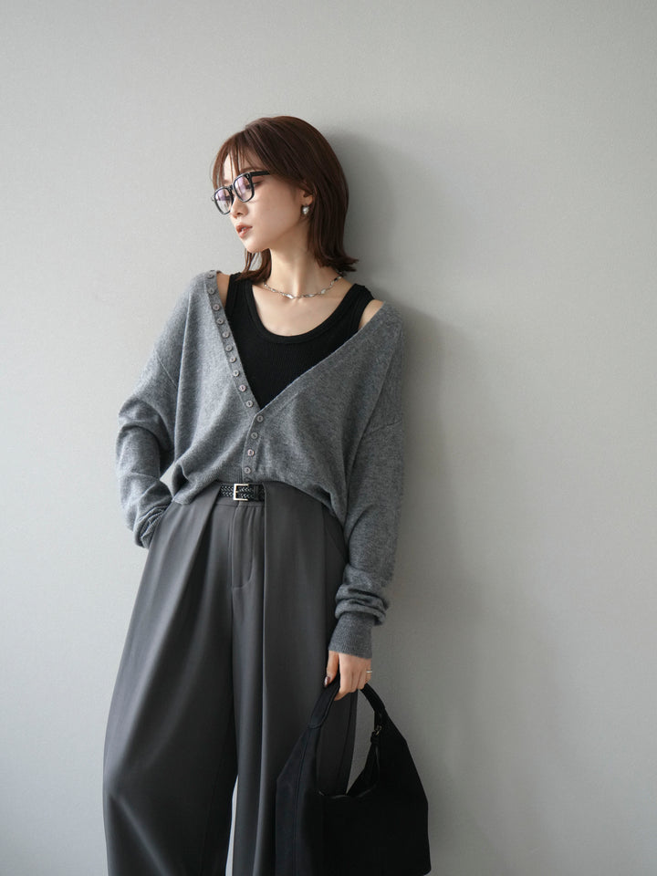 [SET]デザインボタンニットカーディガン＆タンクトップSET+ベルトループデザインワイドパンツ(2set)