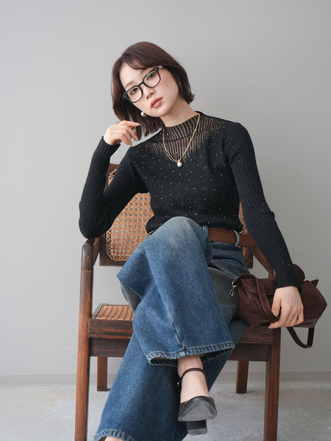 [予約]シアー切替スパンコールリブニットトップス/black