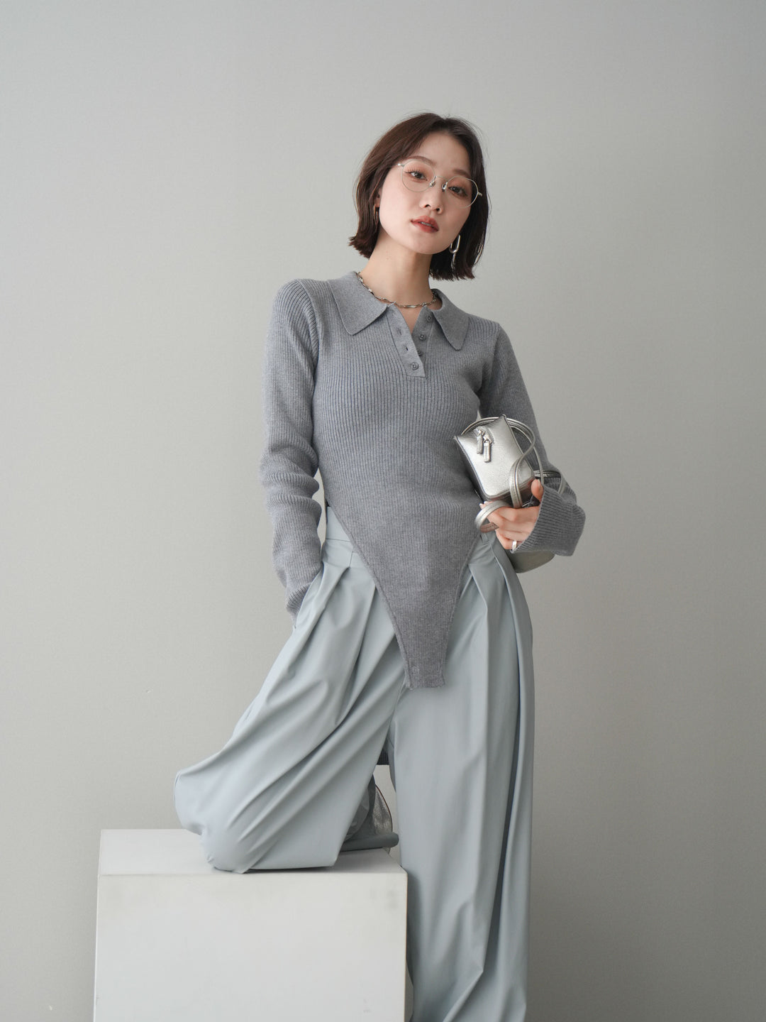 [予約]リブポロニットボディスーツ/mokugray