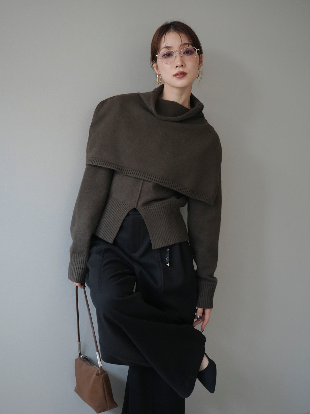 [予約]フロントスリットネックアンサンブルニット/khaki