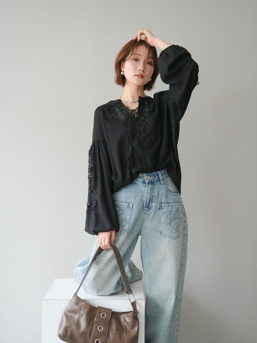 [予約]レーススリーブスキッパーブラウス/black