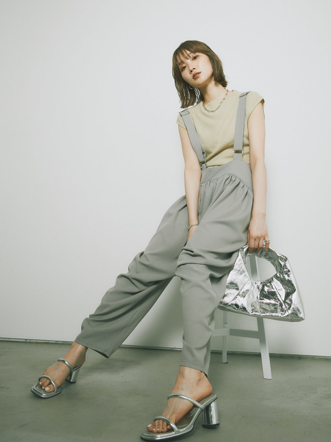 [予約]プチネックノースリーブリブニットトップス/ピスタチオ