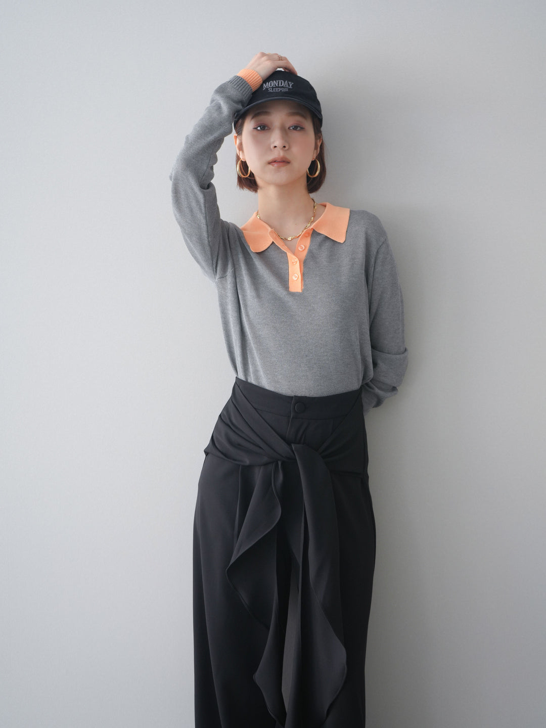 [SET]配色デザインシアーポロニット+ラッフルベルトワイドパンツ(2set)