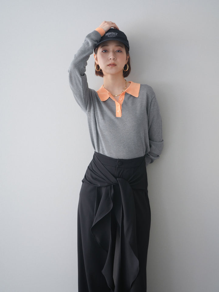 [SET]配色デザインシアーポロニット+ラッフルベルトワイドパンツ(2set)