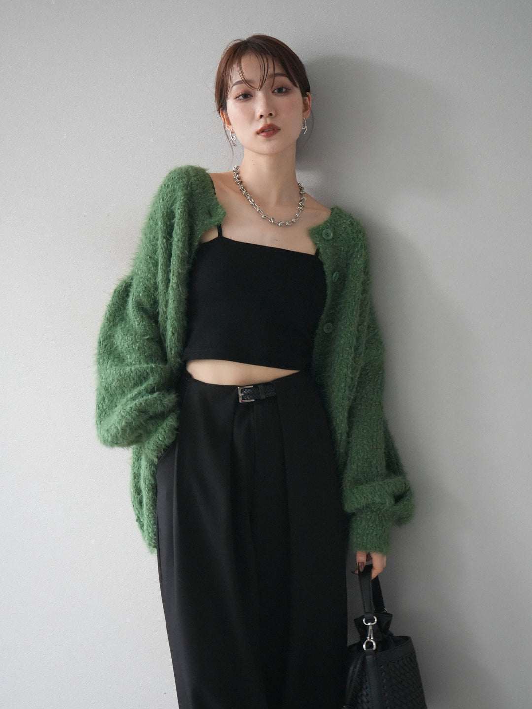 [SET]クルーネックランダムシャギーカーディガン+ベルトループデザインワイドパンツ(2set)