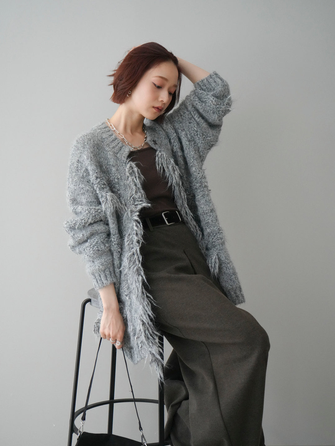 [予約]ミックスヤーンフリンジデザインニットジャケット/gray
