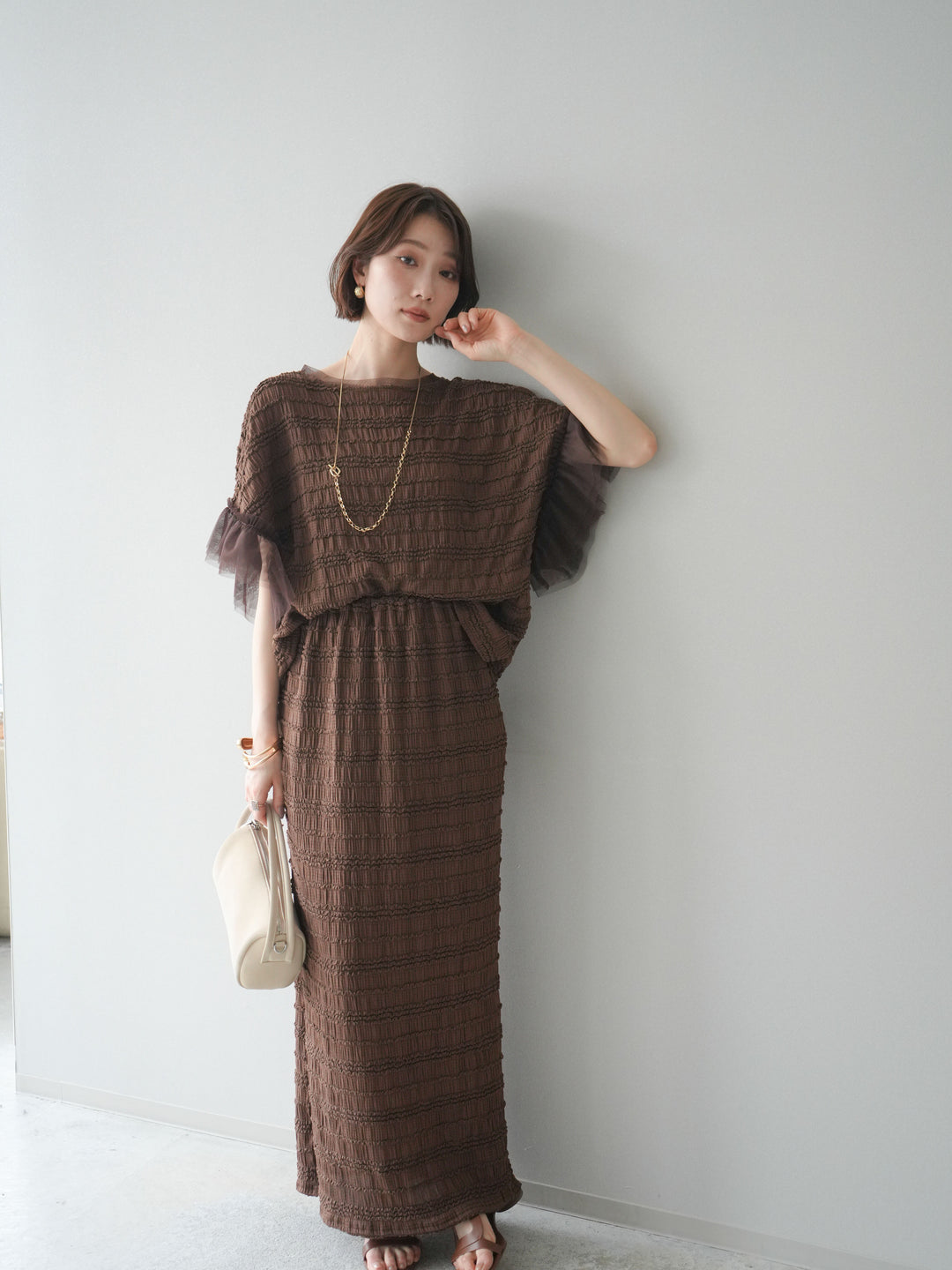 [SET]チュール袖リップルトップス+リップルIラインスカート(2set)