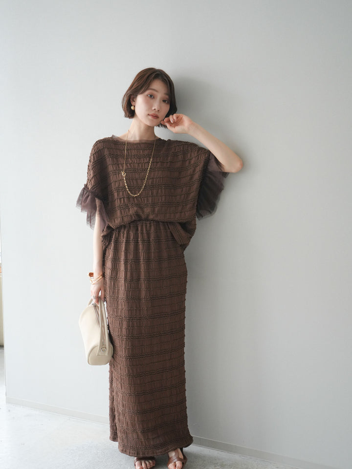 [SET]チュール袖リップルトップス+リップルIラインスカート(2set)