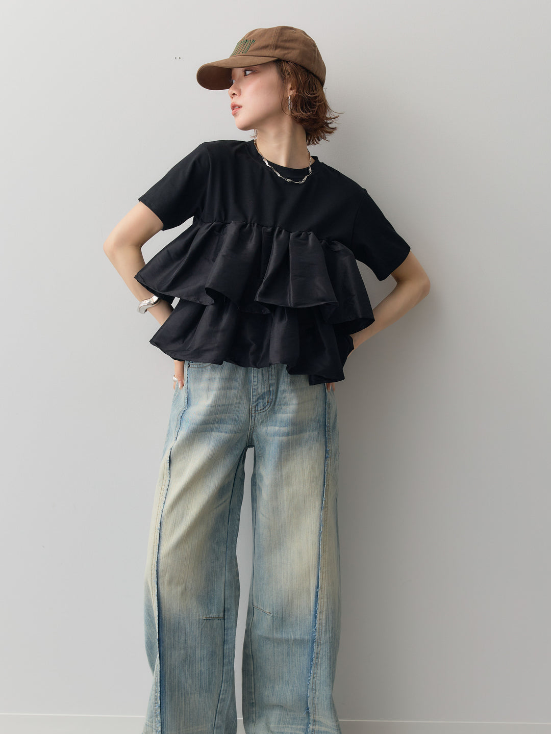 [SET]フリルティアードTEE+縦ウォッシュワイドデニムパンツ(2set)