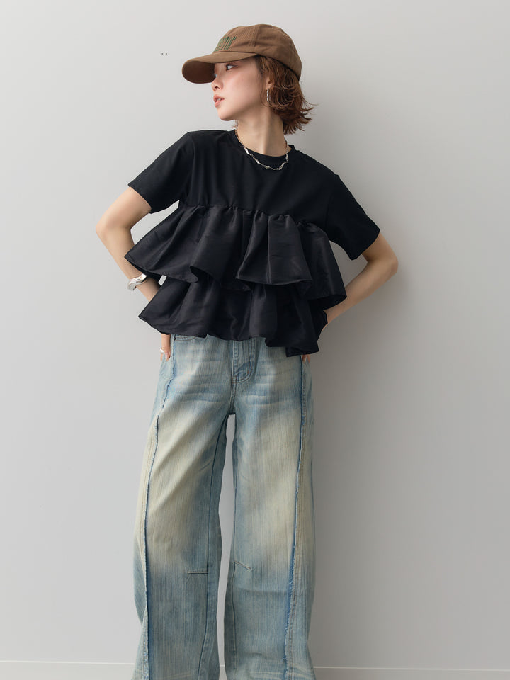 [SET]フリルティアードTEE+縦ウォッシュワイドデニムパンツ(2set)