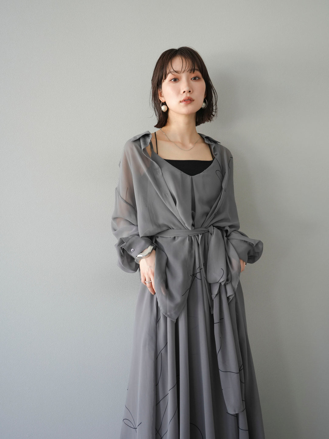 [SET]ペンタッチシフォンキャミワンピース+ペンタッチシフォンシャツ(2set)