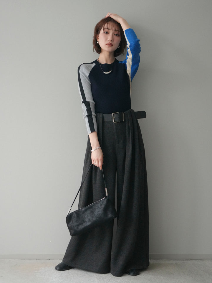 [SET]バイカラーラグランニットトップス+ベルトデザインループウールワイドパンツ(ベルト付)(2set)