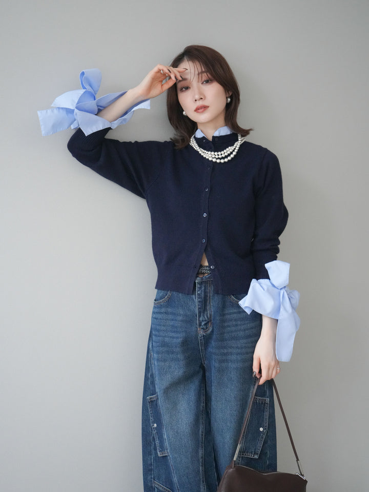 [予約]ウールライクリボンシャツカーディガン/navy