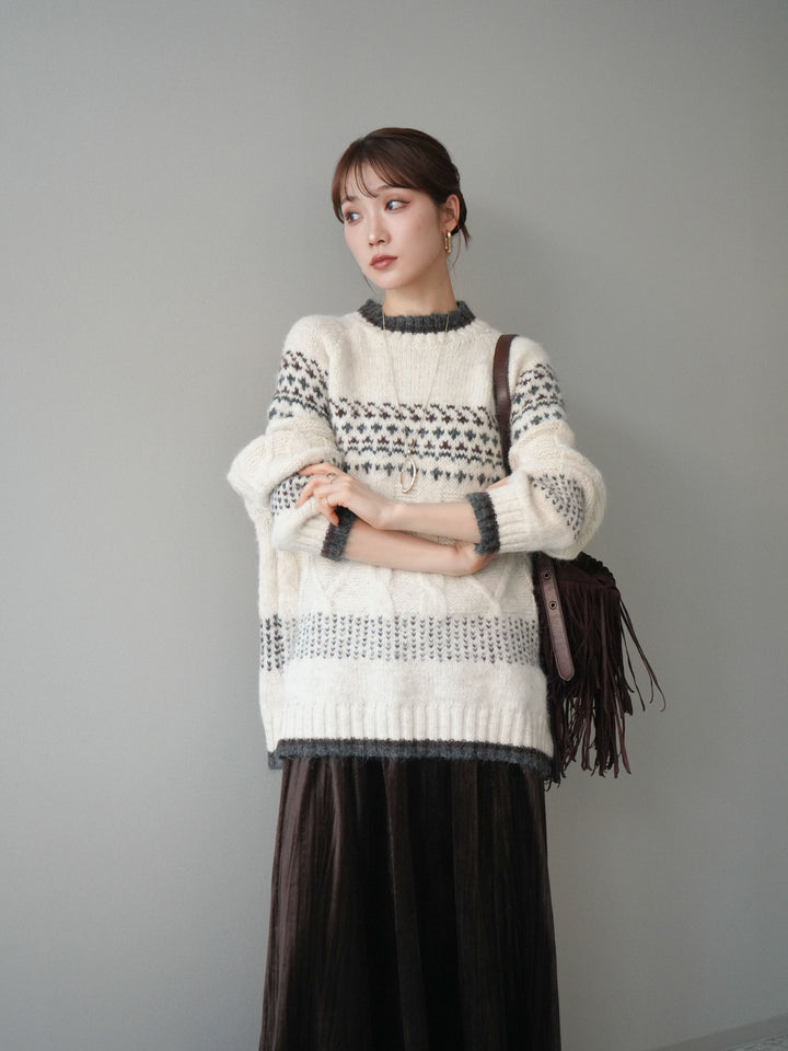 [予約]裾配色ノルディック柄ニットプルオーバー/White