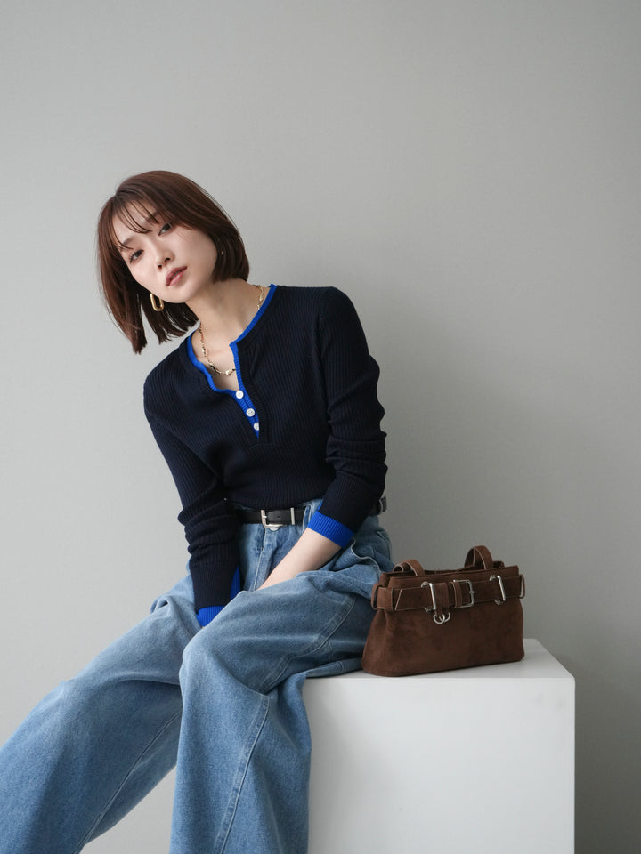 [SET]バイカラーキーネックリブニットトップス+ハイウエストベルトループデザインデニムパンツ(2set)