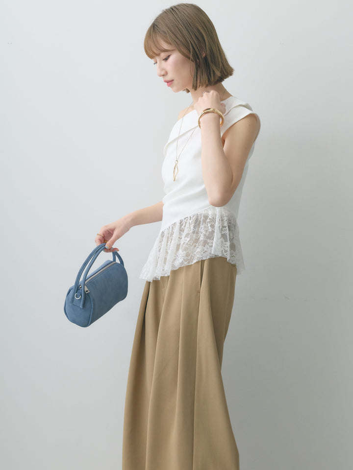 [SET]アシンメトリーラッフルレースヘムトップス+クレープデシンタックワイドパンツ(2set)