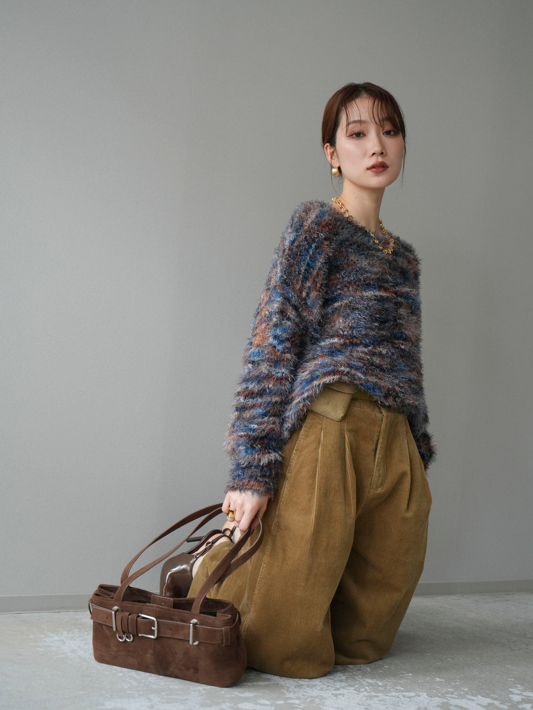 [予約]ミックスシャギールーズニットプルオーバー/blue