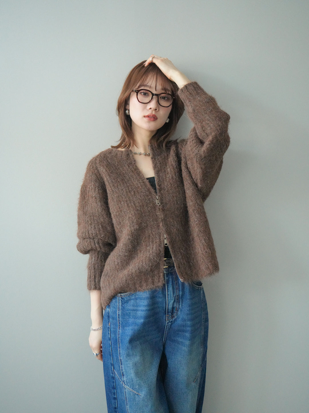 [予約]MIXヤーンモヘアタッチZIPニットカーディガン/brown