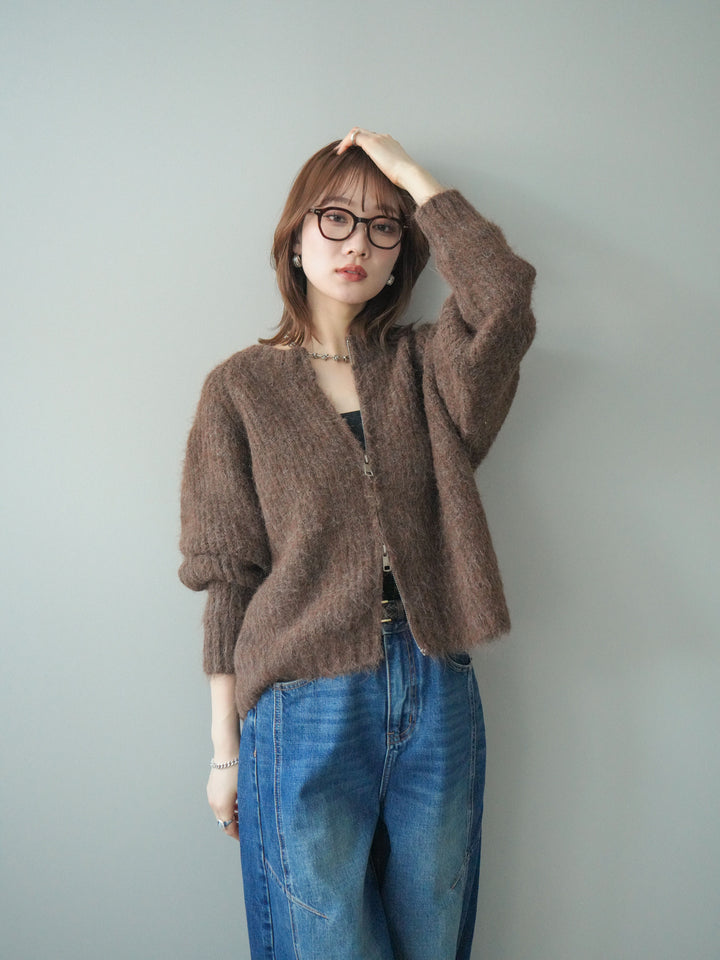 [予約]MIXヤーンモヘアタッチZIPニットカーディガン/brown