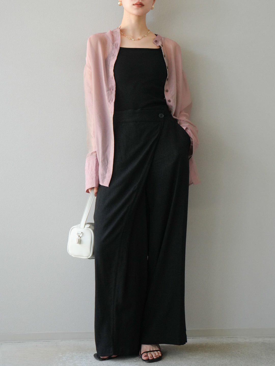 [予約]ライトリネンアシンメトリーワイドパンツ/ブラック