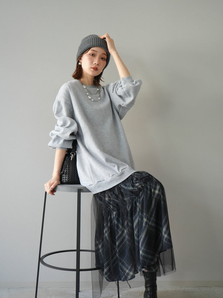 [予約]スウェットドッキングチェック柄レイヤードワンピース/グレー