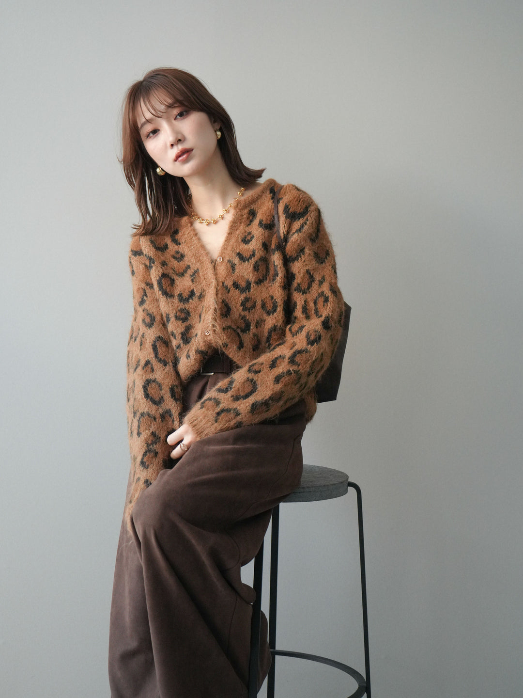 [SET]モヘアタッチレオパード柄ニットカーディガン+選べるアクセセット(2set)