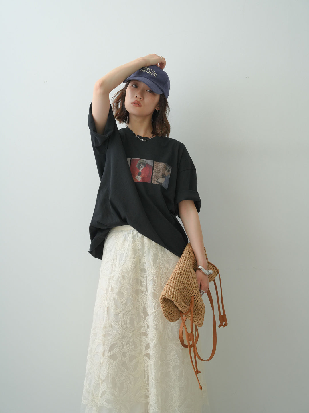 [SET]スリードッグフォトボックスTEE+フラワーレースレイヤードスカート(2set)