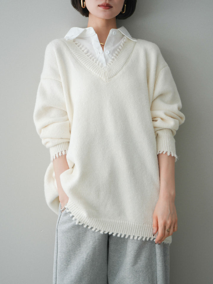 [SET]シャツドッキングVネックフリンジニットプルオーバー+選べるアクセセット(2set)