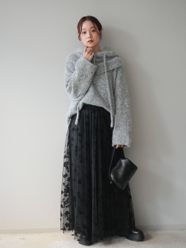 [SET]バラクラバSETニットプルオーバー+フラワーフロッキーチュールプリーツスカート(2set)