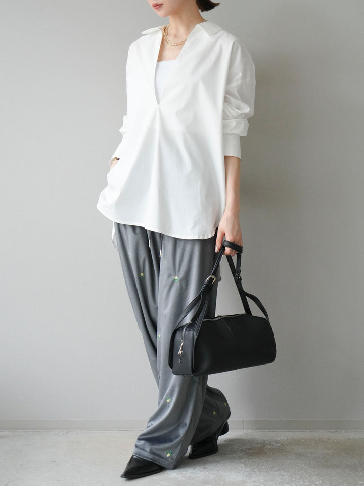 [予約]フラワー刺繍イージーパンツ/グレー