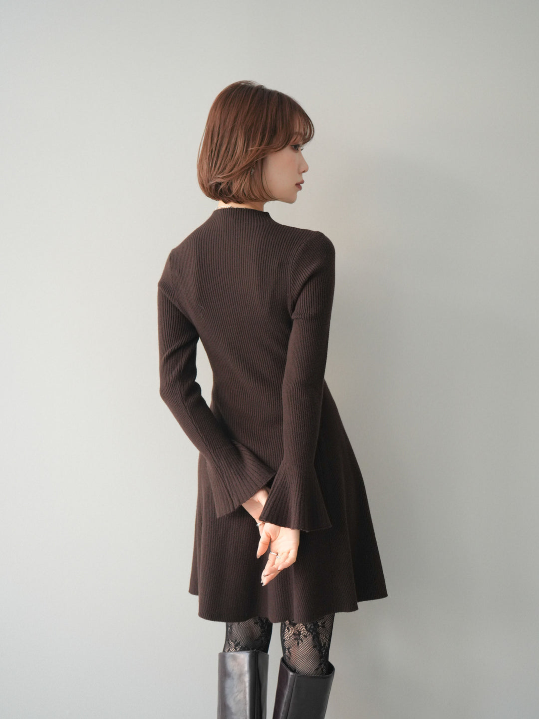 [予約]フレアリブニットミニワンピース/brown