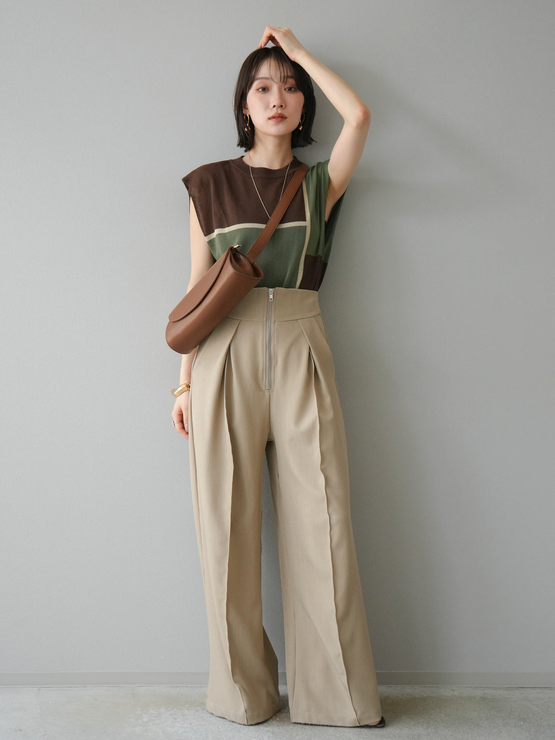 [予約]配色ノースリーブニットプルオーバー/ブラウン