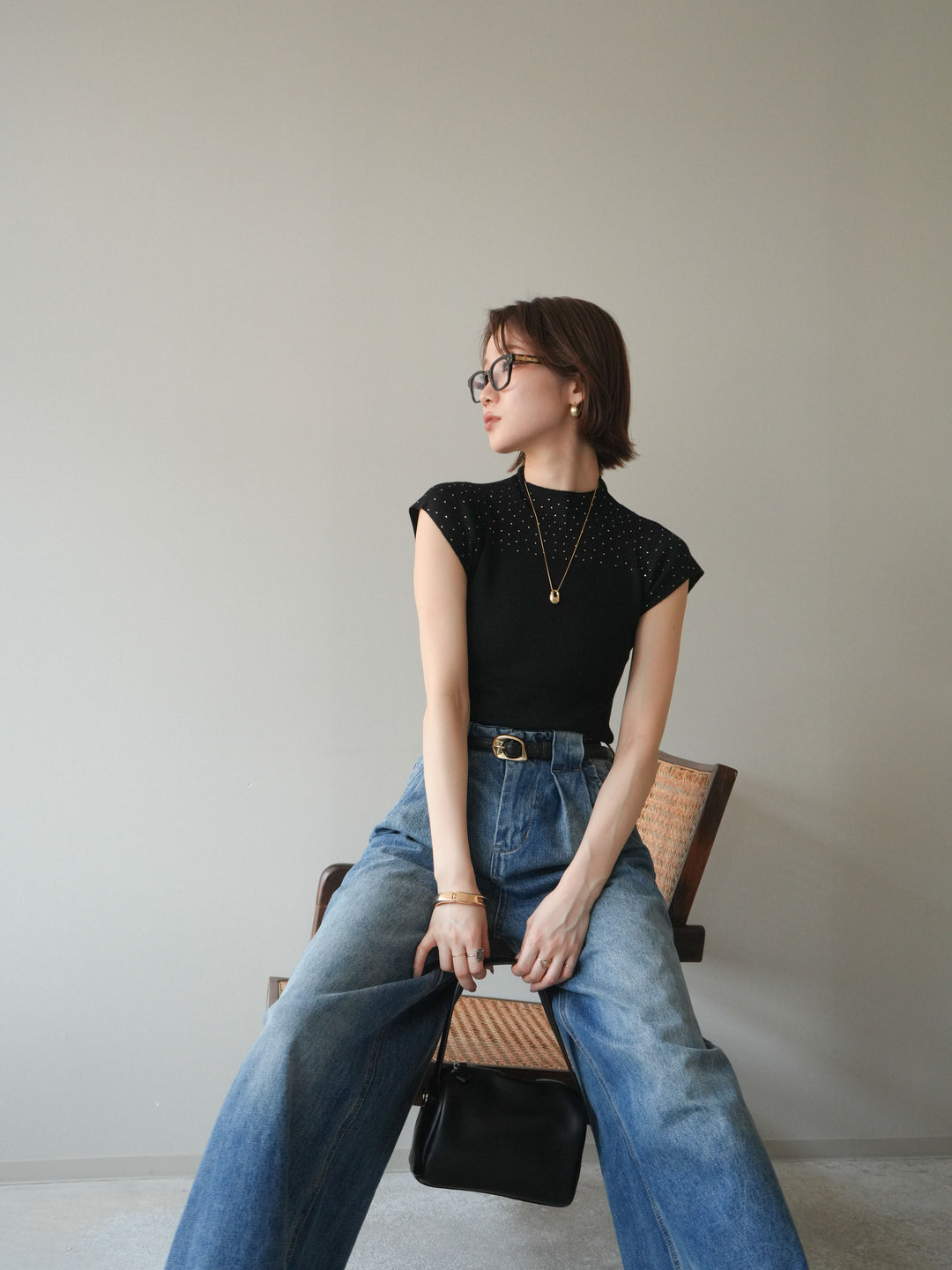 [予約]ビジューシアーフレンチニット/black