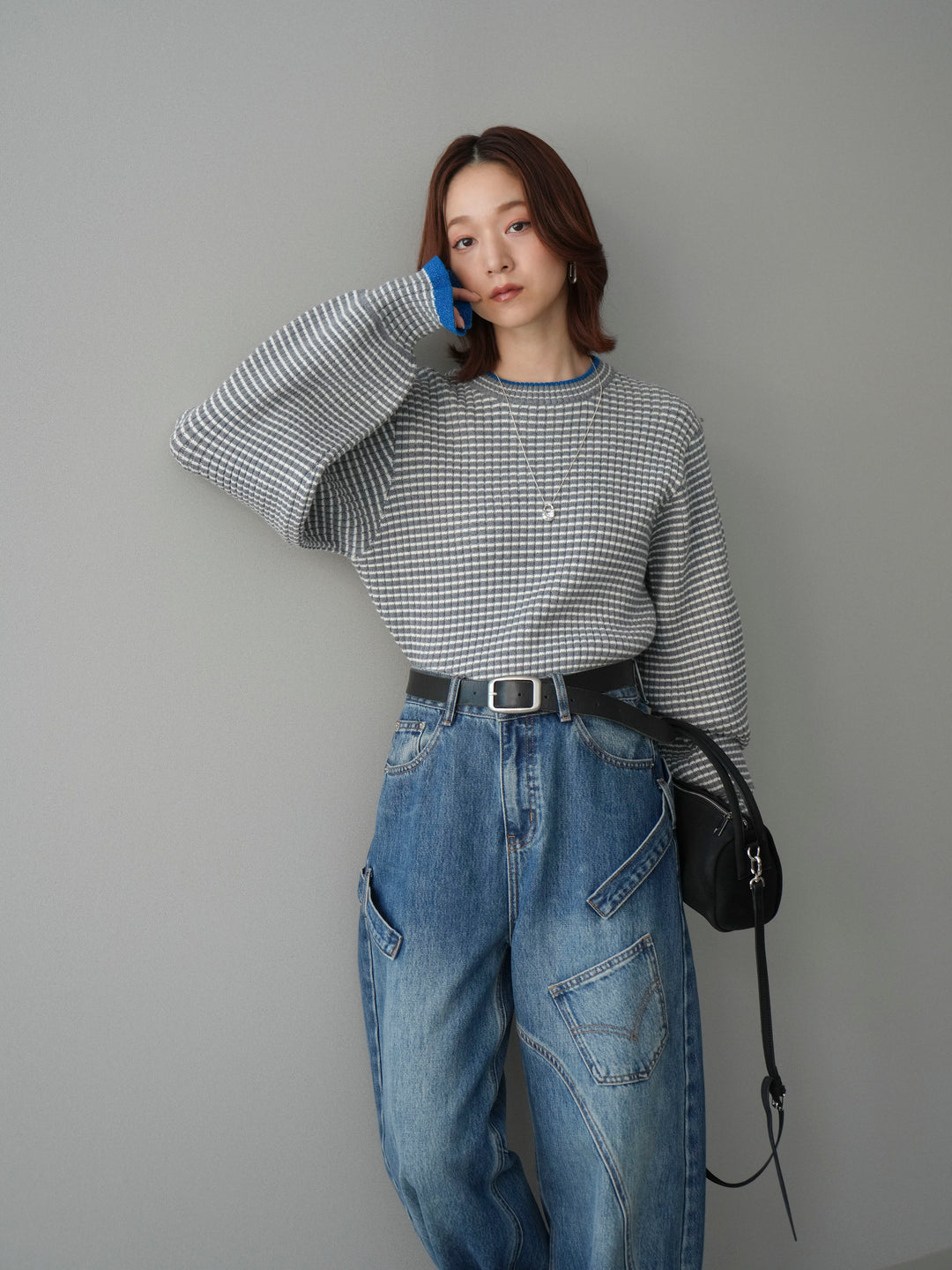 [SET]ラメ異素材ボーダーリブニットプルオーバー+ペインターカーブデニムパンツ(2set)