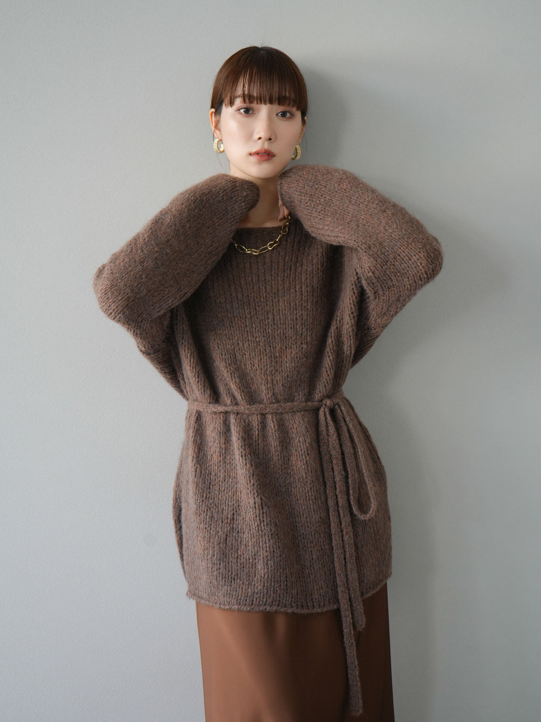 [予約]紐付きあぜ編みオーバーニットプルオーバー/ブラウン
