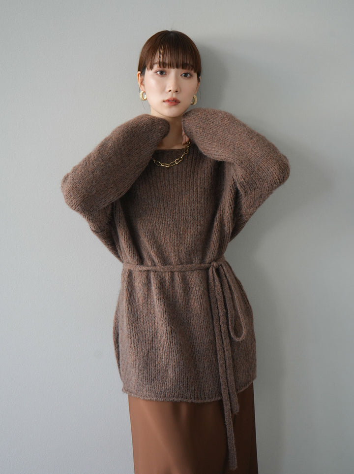 [予約]紐付きあぜ編みオーバーニットプルオーバー/ブラウン