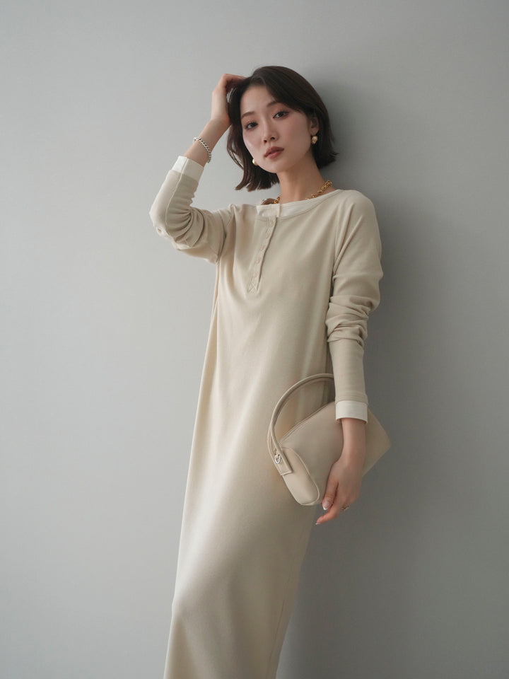 [SET]配色レイヤードヘンリーネックカットリブワンピース+配色レイヤードヘンリーネックカットリブワンピース(2set)