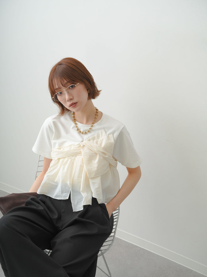 [SET]ナイロンドッキングツイストTEE +アシンメトリーベルトタックワイドパンツ(2set)