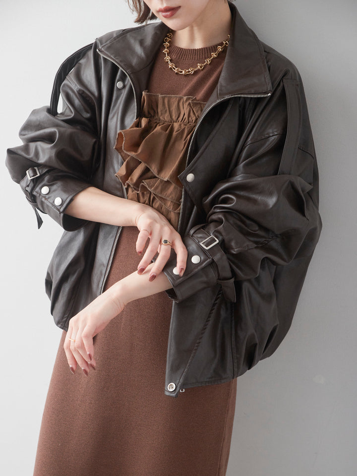 [予約]フリルデザインリブニットワンピース/brown
