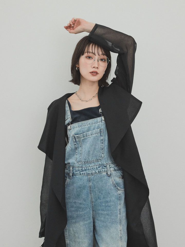 [SET] 中縫牛仔背帶褲 + 透視長版外套（2 件組）