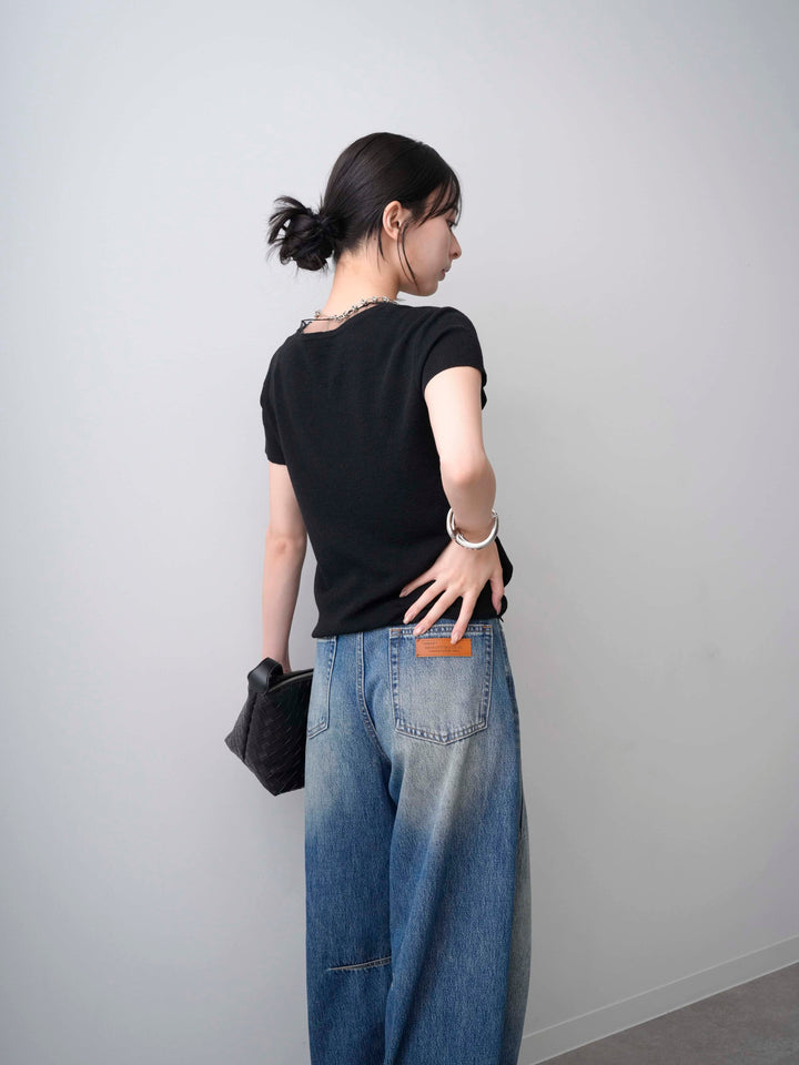 [SET]チュールレーヤードヘンリーフレンチニットトップス+立体カーブデニムパンツ(2set)