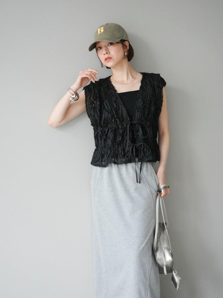 [SET]ジャガードレースリボントップス+スウェットロングスカート(2set)