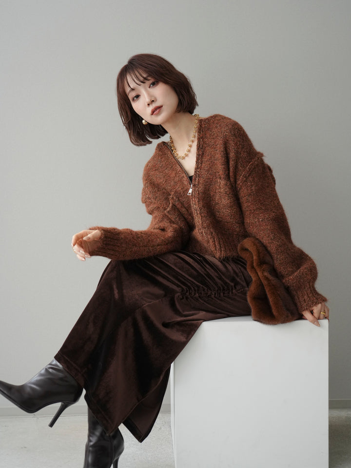 [予約]ミックスヤーンダブルZIPニットカーディガン/brown